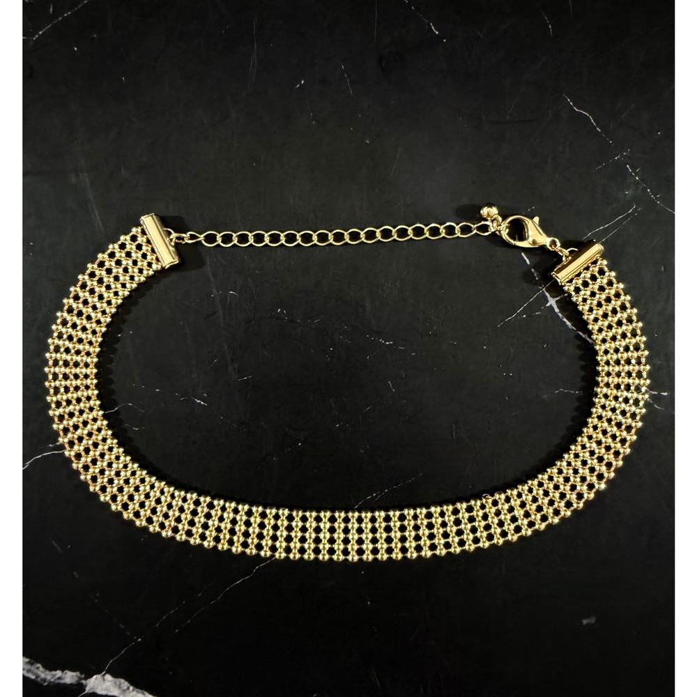 Gold Tone 1/2in Wide Woven Beaded Mesh Choker Necklace Adjustable to 13in